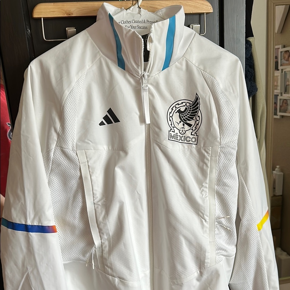 Adidas White Lightweight Jacket with Blue and Orange Accents